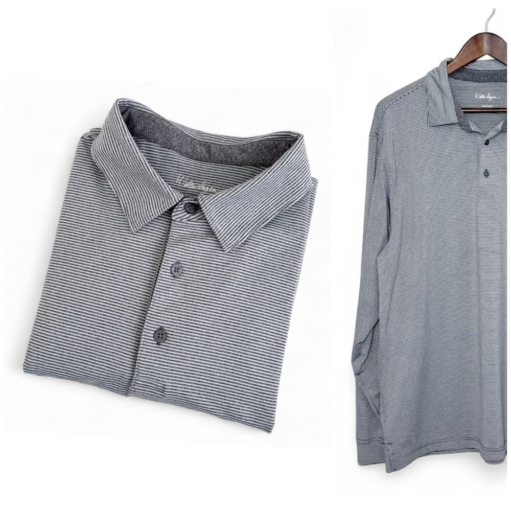 Walter Hagen Long Sleeve Golf Polo Mens L Striped Gray White Performance Stretch
